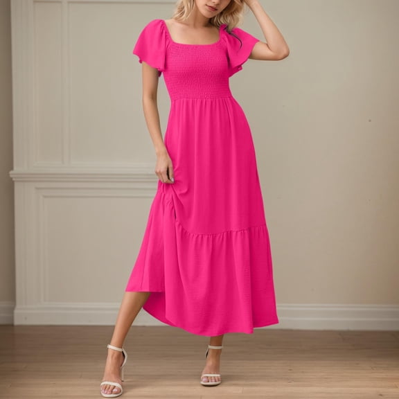 Women's Flowy Maxi Dress Square Neck Flutter Sleeve Smocked Waist Casual Summer Dress with Pockets
