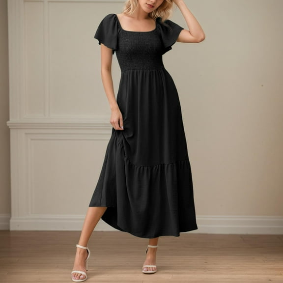 Women's Flowy Maxi Dress Square Neck Flutter Sleeve Smocked Waist Casual Summer Dress with Pockets