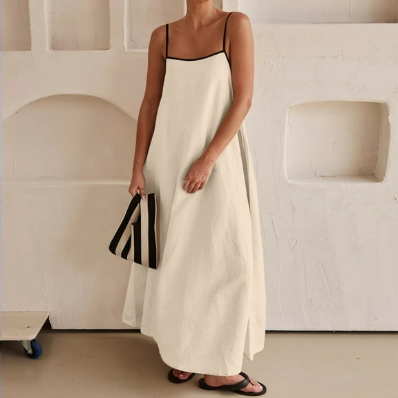 Women's Flowy Maxi Dress with Contrast Trim Spaghetti Straps Sleeveless Beach Summer Travel Casual Long Dress