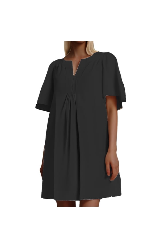 Women's Flowy Mini Dress Casual Short Sleeve V Neck Loose Summer Dress Comfortable Lightweight Stylish Flutter Hem