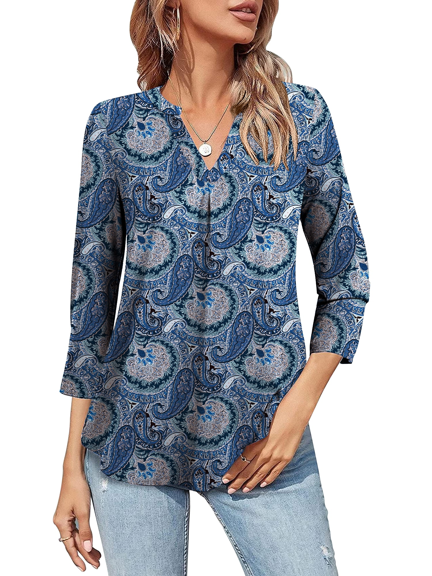 Women's Flowy Paisley Tunic Tops 3/4 Sleeves V Neck Blouse for Women ...