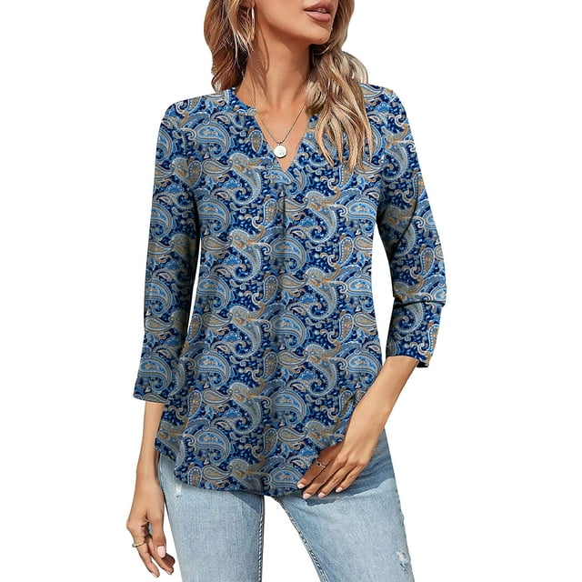 Women's Flowy Paisley Tunic Tops 3/4 Sleeves V Neck Blouse for Women ...