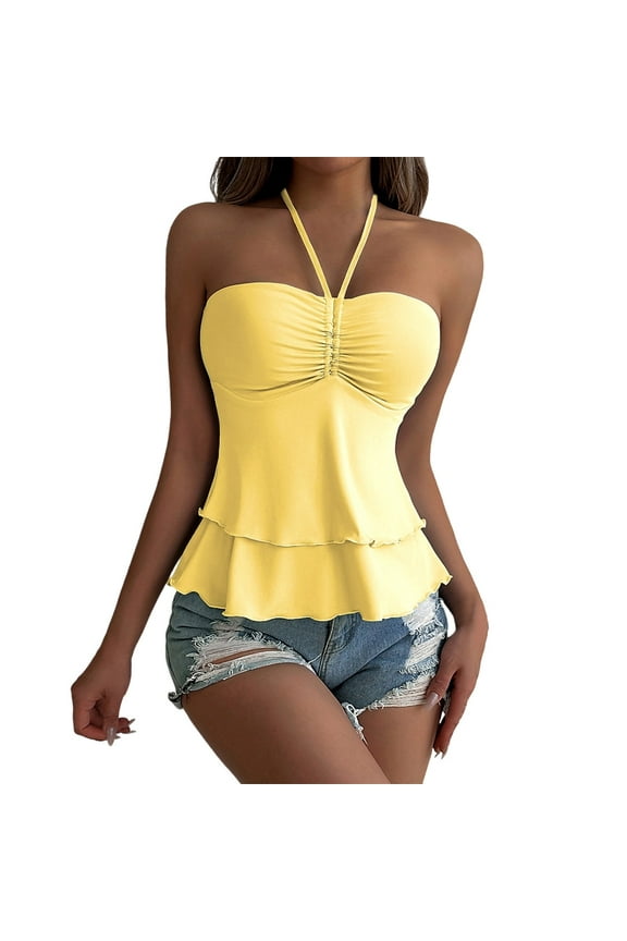 Women's Flowy Ruffle Hem Tube Top Strapless Bandeau Peplum Tank Summer Sleeveless Casual Cute Tops
