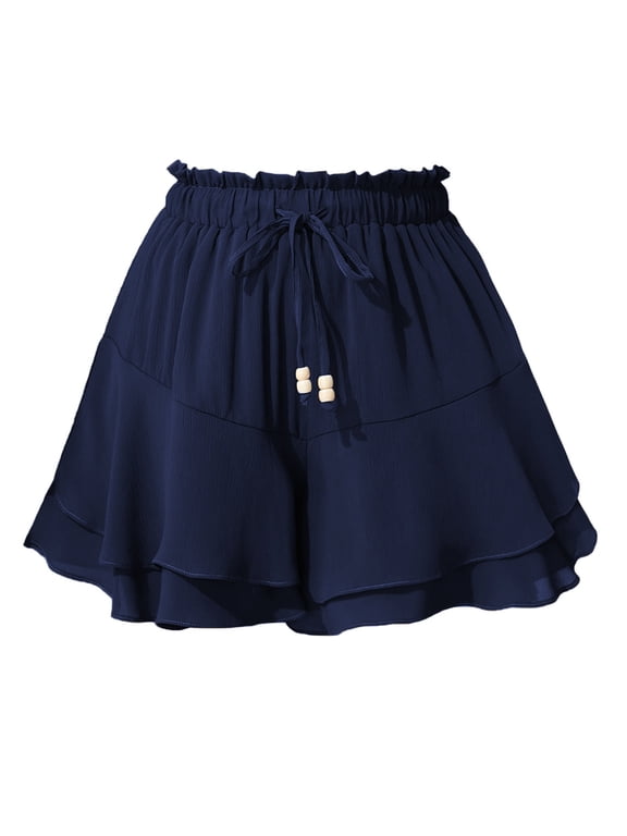 Women's Flowy Ruffle Tiered Skorts Drawstring Elastic Waist Flutter A-Line Skirt Summer Boho Beach Short Skirts