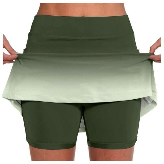 Women's Flowy Shorts Gradient Color Double Layer Ruffle Shorts Casual Stretchy Women's Athletic Skorts,Green,2XL