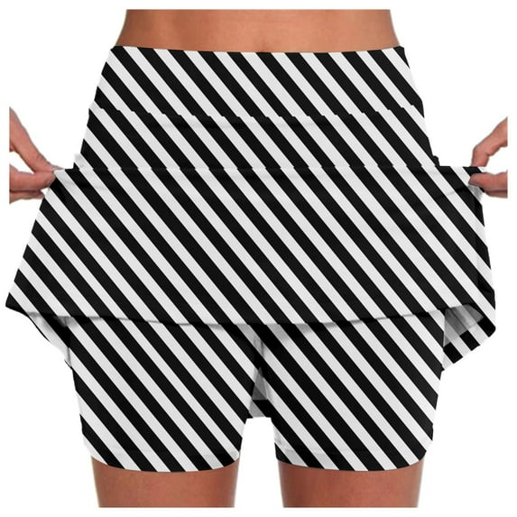 Women's Flowy Shorts Striped Printed High Waisted 2 In 1 Shorts Beach Vacation Slim Fit Workout Running Sports Skirts,Black,5XL