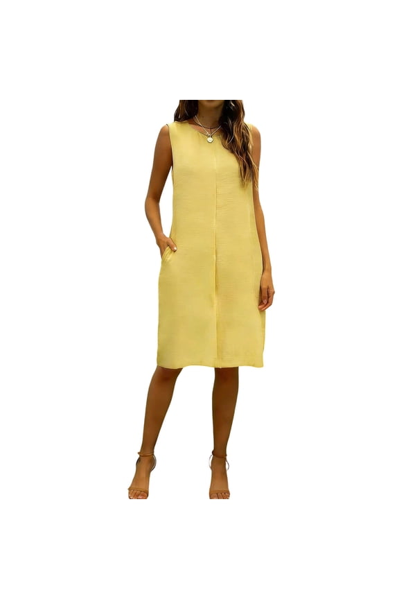 Women's Flowy Sleeveless Pocketed Shift Dress Crew Neck Straight Cut Linen Dress Perfect for Casual Outings and Family Vacations