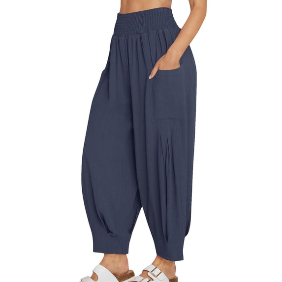 Women's Flowy Smocked Hight Waist Harem Pant Hippie Boho Yoga Palazzo Casual Pants for Travel Beach