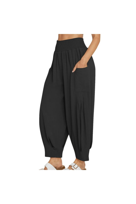 Women's Flowy Smocked Hight Waist Harem Pant Hippie Boho Yoga Palazzo Casual Pants for Travel Beach