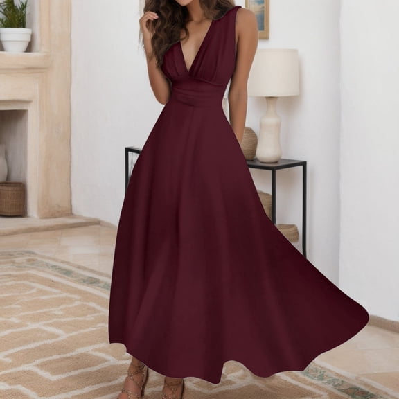 Women's Flowy Summer Dress V Neck Sleeveless Casual Long Dress Side Zipper Solid Color Elegant Comfortable Lightweight