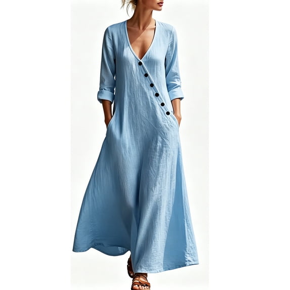Women's Flowy Summer Linen Maxi Dress, Elegant Long Sleeve Loose V Neck Bohemian Vacation Beach Dresses with Pockets