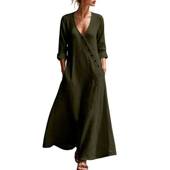 Women's Flowy Summer Linen Maxi Dress, Elegant Long Sleeve Loose V Neck Bohemian Vacation Beach Dresses with Pockets