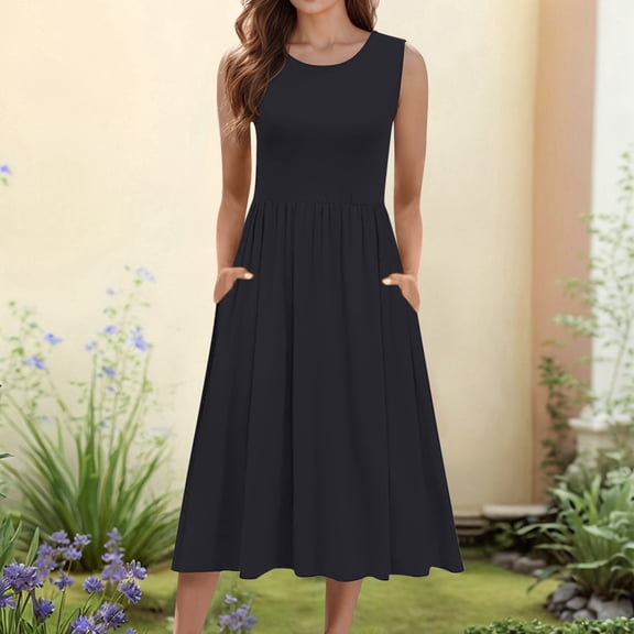 Women's Flowy Summer Midi Dress Sleeveless A-Line Casual Beach T-Shirt Tank Dress with Pockets Floral Print Comfortable Lightweight