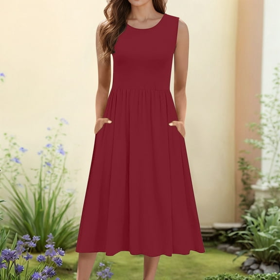 Women's Flowy Summer Midi Dress Sleeveless A-Line Casual Beach T-Shirt Tank Dress with Pockets Floral Print Comfortable Lightweight
