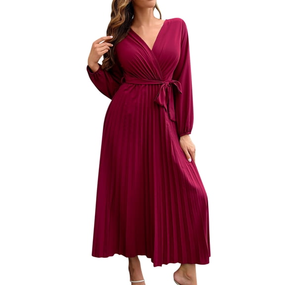 Women's Flowy Summer Wrap Dress V Neck Pleated Sleeves Layered Midi Beach Dress Tie Waist A Line Casual Long Dress