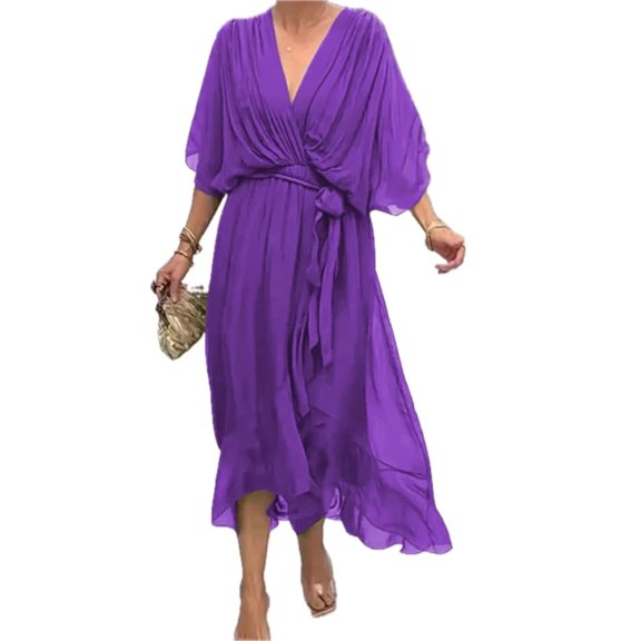 Women's Flowy Tie Front Midi Dress with Flutter Sleeves for Everyday Wear Plus Size 100% Polyester Silky Feel