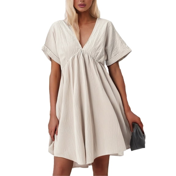 Women's Flowy V Neck Casual Dress with Batwing Sleeves and Ruffle Hem Short Summer Dress Comfortable Stylish Feminine