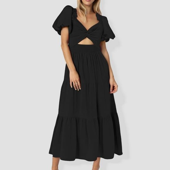 Women's Flowy V Neck Long Sleeve Puff Sleeve Slim Fit Casual Dress for Everyday Comfort and Style