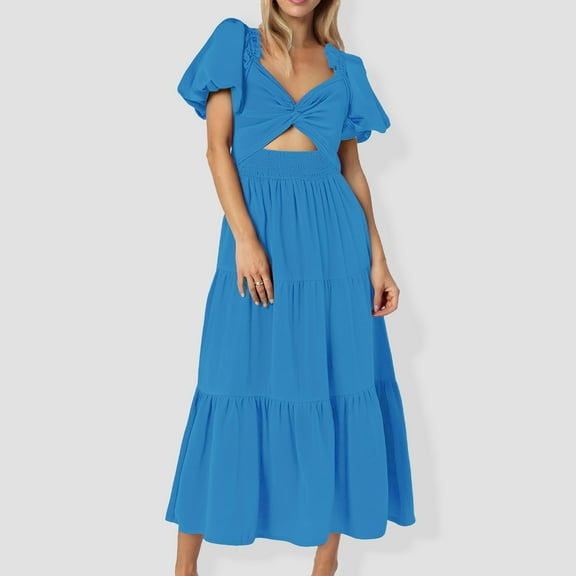 Women's Flowy V Neck Long Sleeve Puff Sleeve Slim Fit Casual Dress for Everyday Comfort and Style