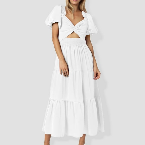 Women's Flowy V Neck Long Sleeve Puff Sleeve Slim Fit Casual Dress for Everyday Comfort and Style