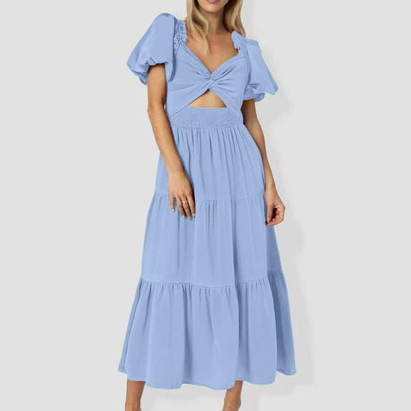 Women's Flowy V Neck Long Sleeve Puff Sleeve Slim Fit Casual Dress for Everyday Comfort and Style