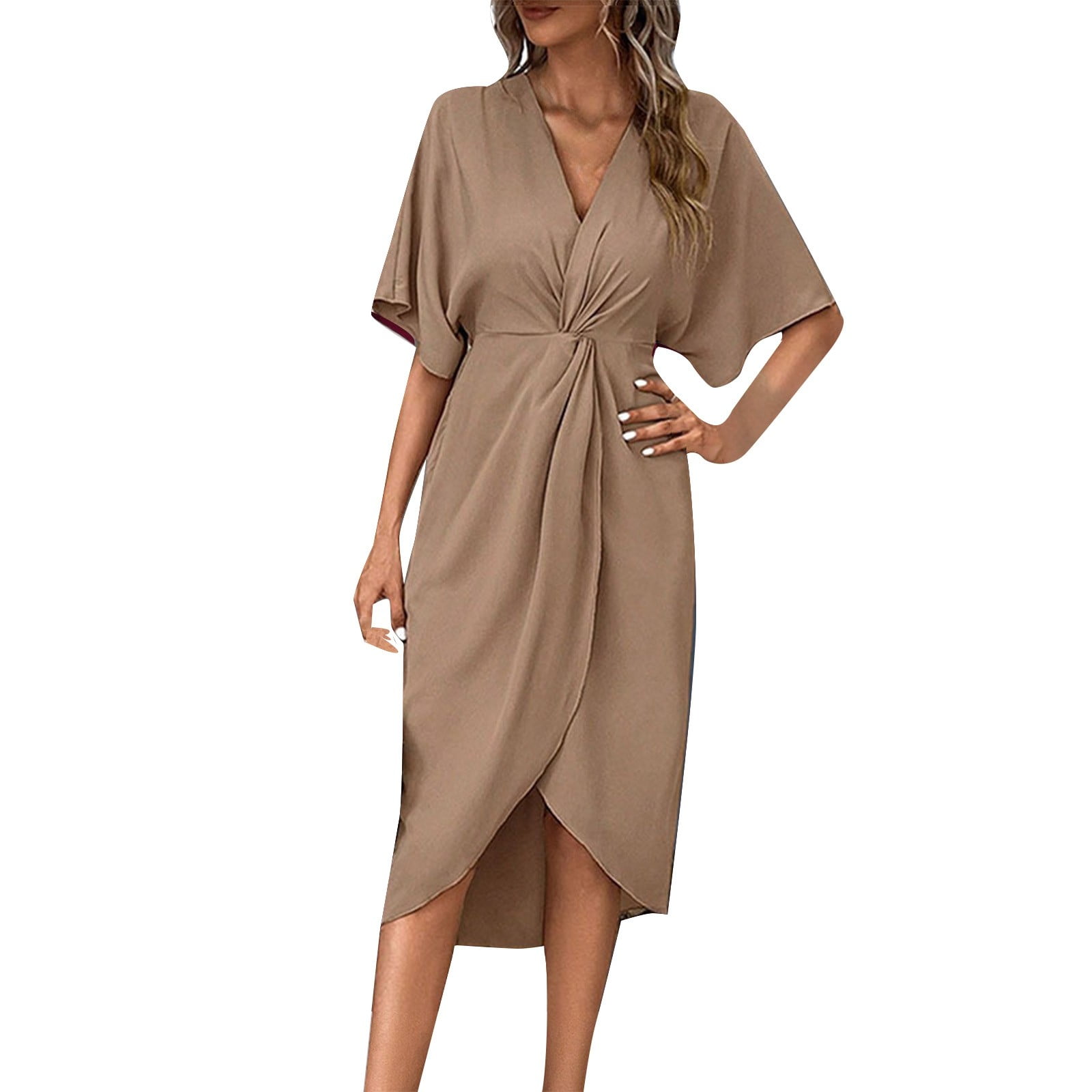 Ladies Solid Color V-Neck Wide Swing Casual Dress