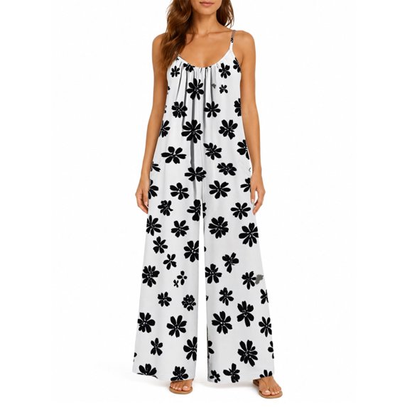 Women's Flowy Wide Leg Jumpsuit Black White Floral Summer Beach Casual Sleeveless Rompers with Pockets