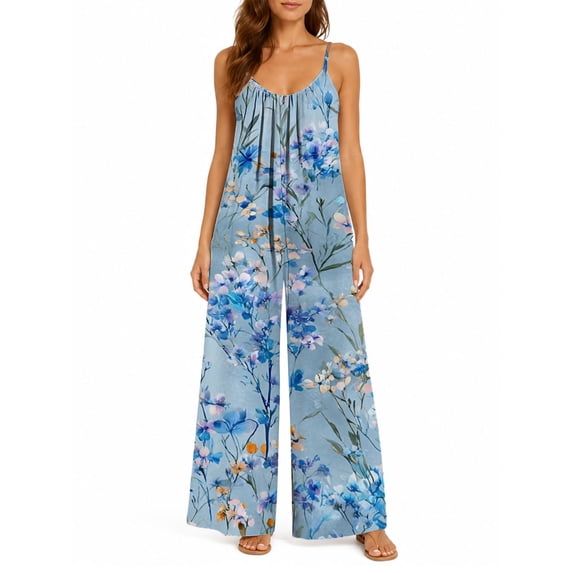 Women's Flowy Wide Leg Jumpsuit Light Blue Blossoms Summer Beach Casual Sleeveless Rompers with Pockets