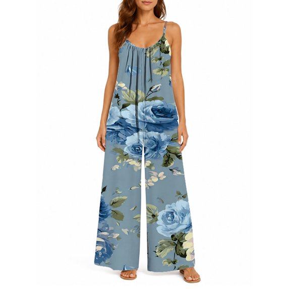Women's Flowy Wide Leg Jumpsuit Light Blue Roses Summer Beach Casual Sleeveless Rompers with Pockets