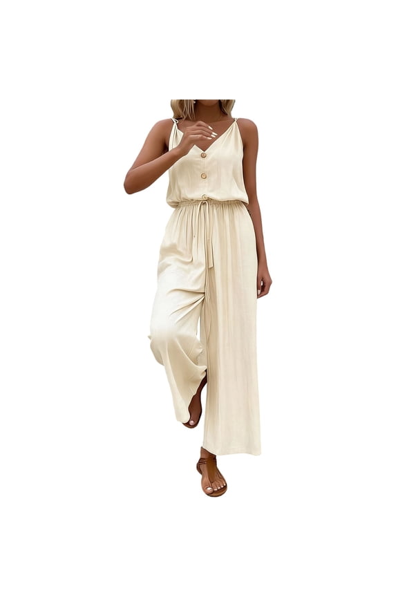 Women's Flowy Wide Leg Jumpsuit V-Neck Button Front with Elastic Waist Sleeveless Casual Romper for Vacation Casual Wear Spring Summer Daily Wear