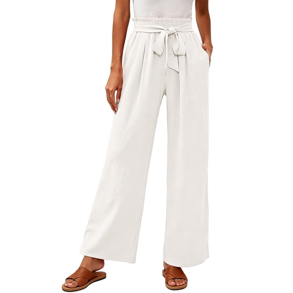 Women's Flowy Wide Leg Trousers Bow Tie Paperbag Waist Loose Palazzo Trousers with Pockets Business office Slacks Loungewear Pants Beige