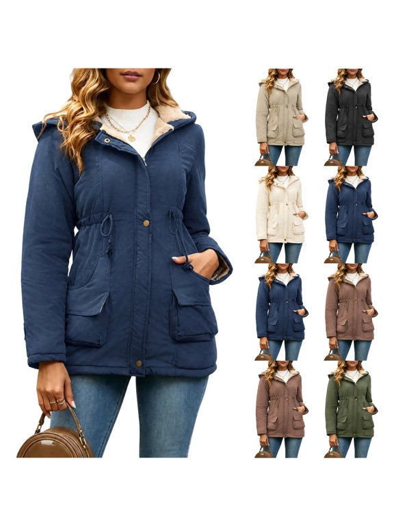 Women's Fluffy Fleece Lined Jacket Hooded Warm thermal Winter Thick Coat Drawstring Waist with Pockets Casual Outdoor Hiking Parka Outerwear Watermelon Red