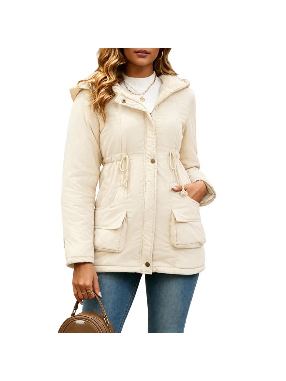 Women's Fluffy Fleece Lined Jacket Hooded Warm thermal Winter Thick Coat Drawstring Waist with Pockets Casual Outdoor Hiking Parka Outerwear Beige