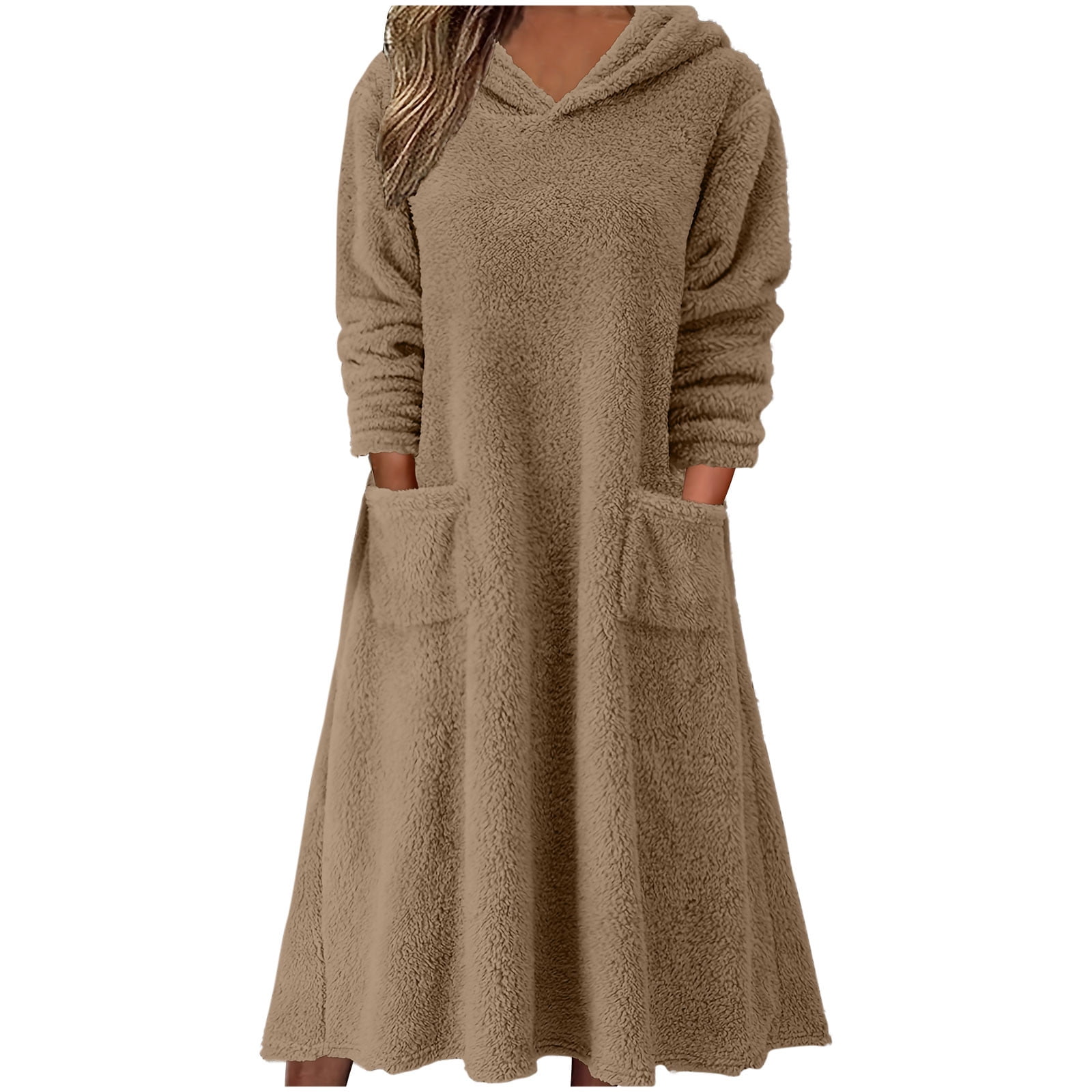 Women's Fluffy Fleece Sherpa Hooded Dress Casual Loose Plush Fuzzy