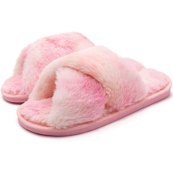 Women's Fluffy Furry Fuzzy Slippers Cross Band Soft Plush Flat Slide Memory Foam House Slippers Open Toe Comfy Spa Indoor Outdoor Slip On