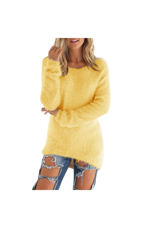 Women's Fluffy Fuzzy Jumper Sweater Solid Color Long Sleeve Round Neck Tops Casual Loose Fit Sweater