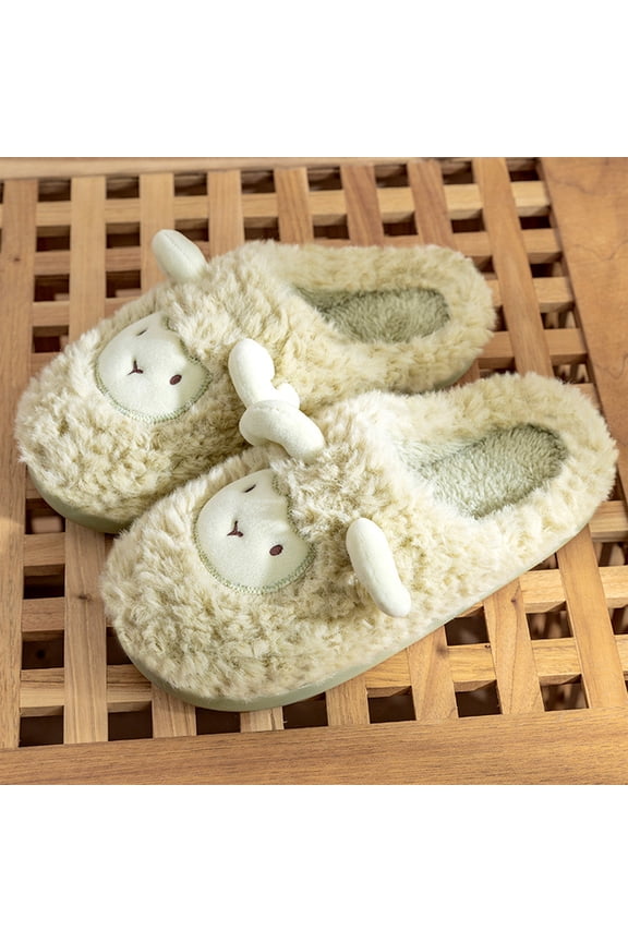 Women's Fluffy Lamb Sheep Pattern House Slippers, Cute 3d Ear Animal Soft Plush Warm Fleece Closed Toe Flat Clogs Shoes With Comfort Inner Memory Foam Cushion Gift Winter,Green 5.5