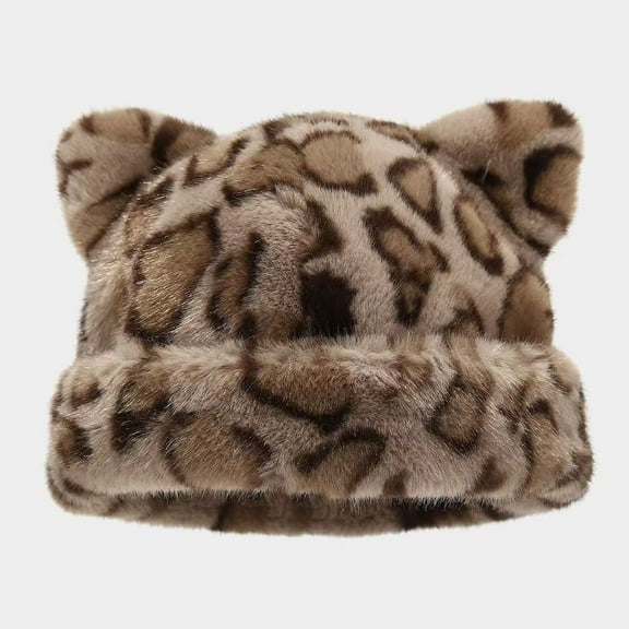 Women's Fluffy Leopard Print Beanie Cap Winter Warm Faux Fur Cat Ears Hat