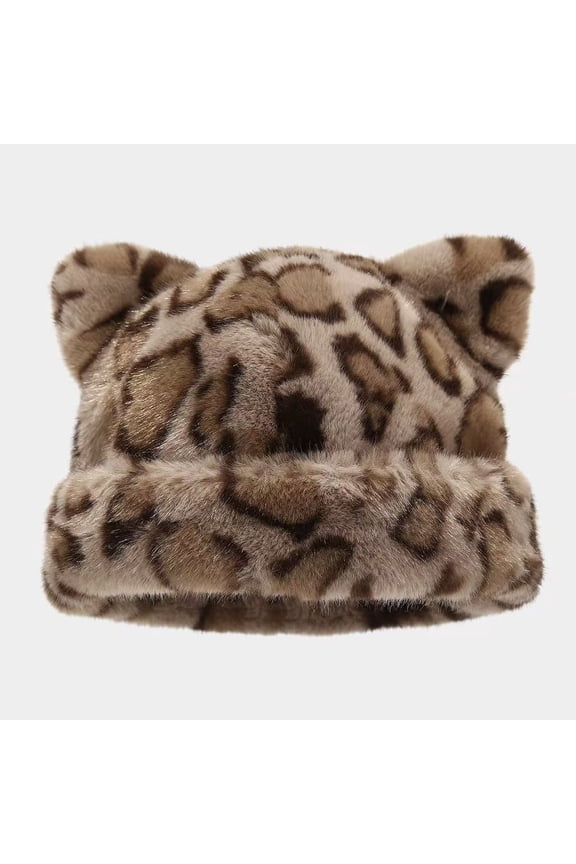 Women's Fluffy Leopard Print Beanie Cap Winter Warm Faux Fur Cat Ears Hat