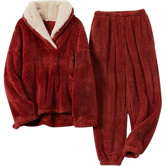 Women' s Fluffy Pajamas Set Fleece Pullover Pants Loose Plush Sleepwear 2 Piece Pjs Set Warm Fuzzy Loungewear