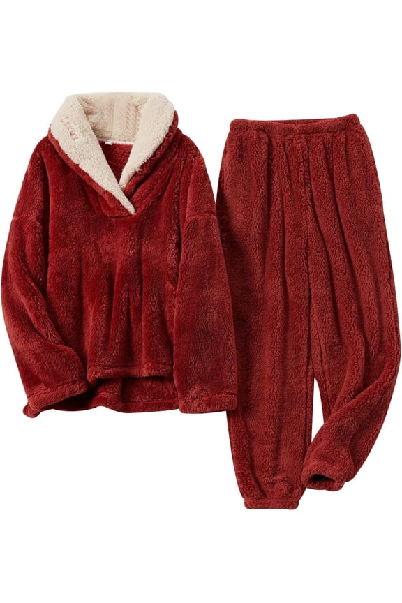 Women' s Fluffy Pajamas Set Fleece Pullover Pants Loose Plush Sleepwear 2 Piece Pjs Set Warm Fuzzy Loungewear