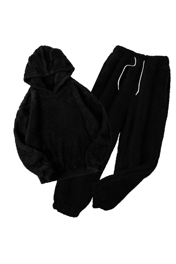 Women' s Fluffy Pajamas Set Fleece Pullover Pants Loose Plush Sleepwear 2 Piece Pjs Set Warm Loungewear Fuzzy,Black,M