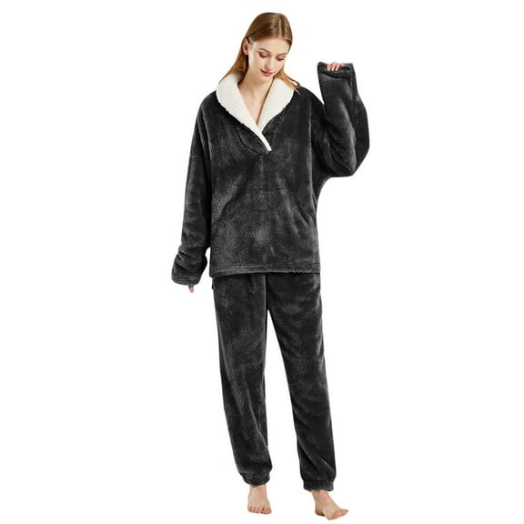 Women' s Fluffy Pajamas Set Fleece Pullover Pants Loose Plush Sleepwear 2 Piece Pjs Set Warm Loungewear Fuzzy,Color:Black,Size:L