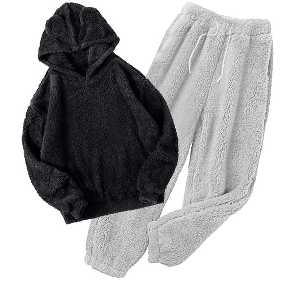 Women' s Fluffy Pajamas Set Fleece Pullover Pants Loose Plush Sleepwear 2 Piece Pjs Set Warm Loungewear Fuzzy,Gray,XL