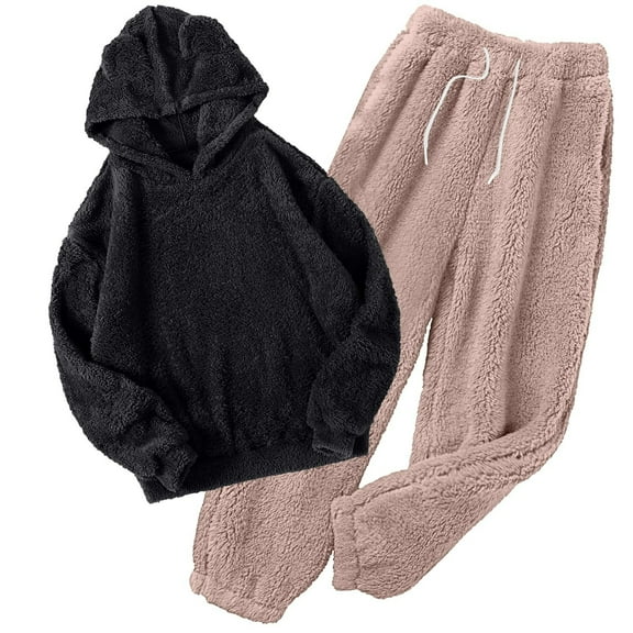 Women' s Fluffy Pajamas Set Fleece Pullover Pants Loose Plush Sleepwear 2 Piece Pjs Set Warm Loungewear Fuzzy,Pink,S