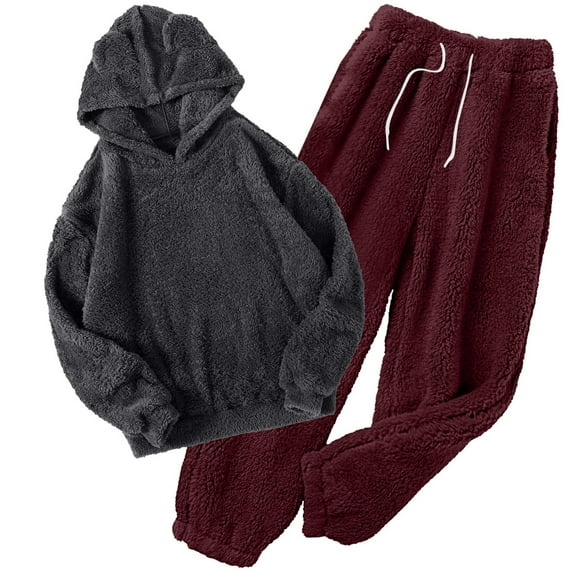 Women' s Fluffy Pajamas Set Fleece Pullover Pants Loose Plush Sleepwear 2 Piece Pjs Set Warm Loungewear Fuzzy,Wine,M