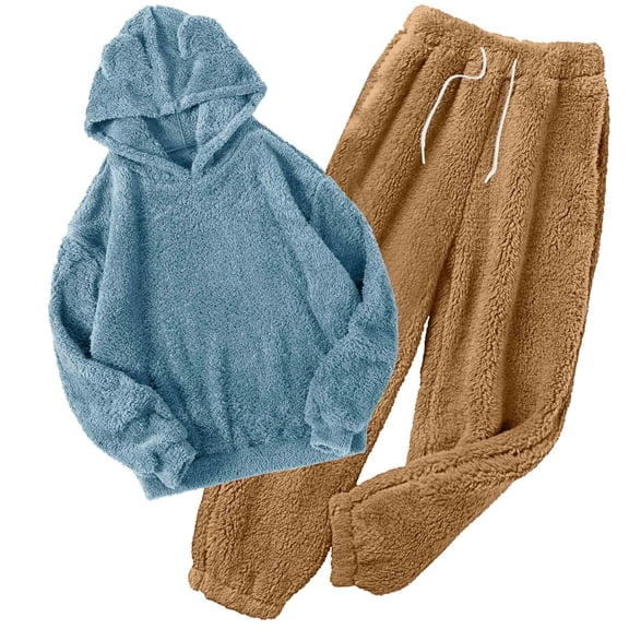 Women' s Fluffy Pajamas Set Fleece Pullover Pants Loose Plush Sleepwear 2 Piece Pjs Set Warm Loungewear Fuzzy,Yellow,S