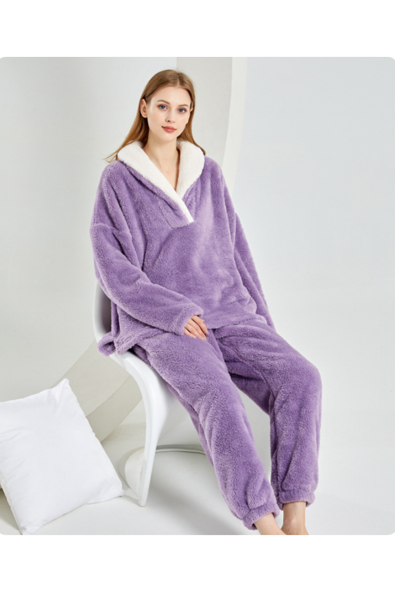 Women' s Fluffy Pajamas Set Fleece Pullover Pants Loose Plush Sleepwear 2 Piece Pjs Set Warm Loungewear Fuzzy