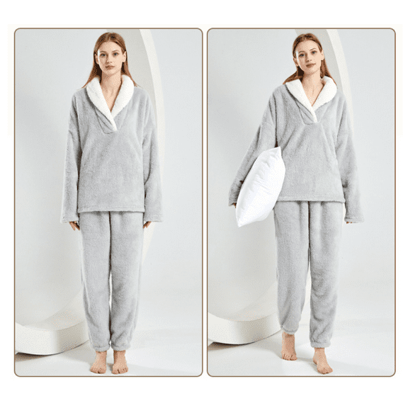 Women' s Fluffy Pajamas Set Fleece Pullover Pants Loose Plush Sleepwear 2 Piece Pjs Set Warm Loungewear Fuzzy
