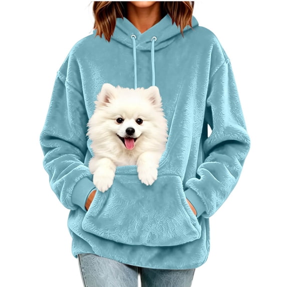 Women's Fluffy Pomeranian Print Fleece Hoodie, Drawstring kangaroo pocket for pet lovers’ walks, shopping and cozy indoor time Light Blue S